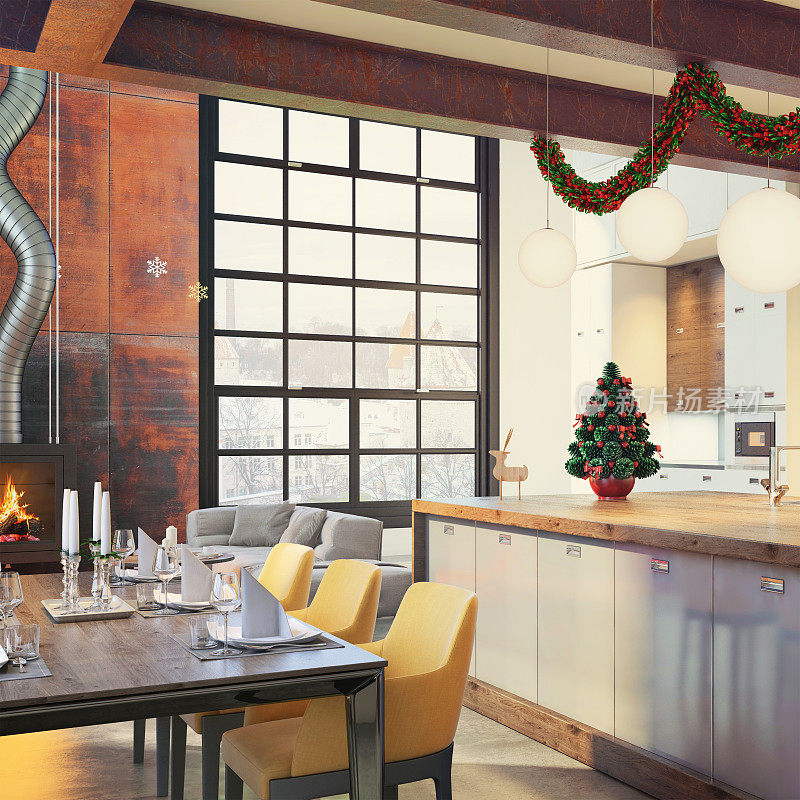现代阁楼公寓内部餐厅和厨房与圣诞装饰