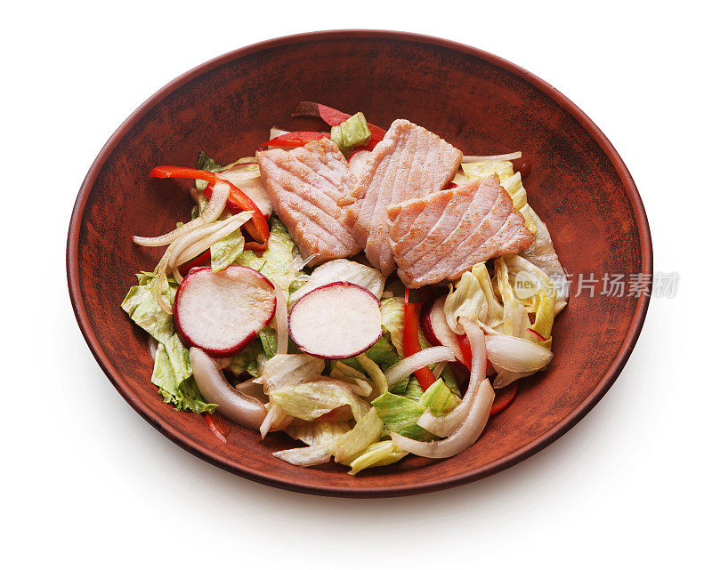 一碗原汁原味的亚洲沙拉，配有三文鱼和蔬菜