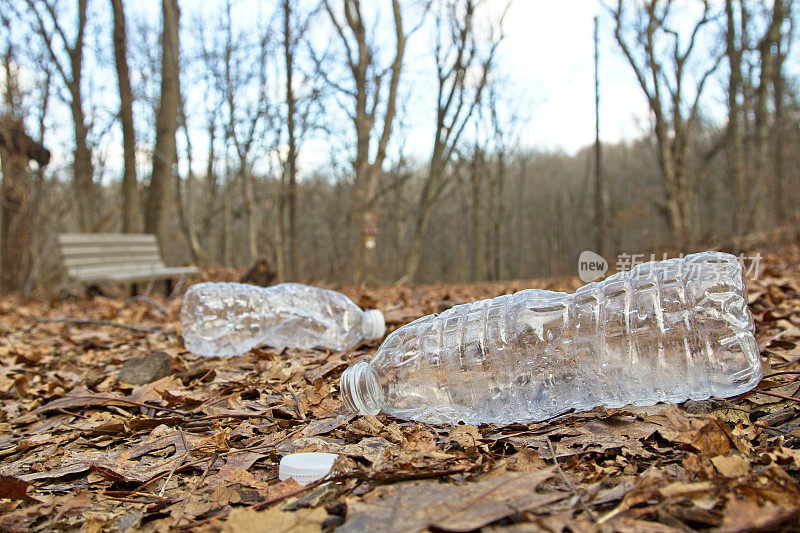 森林徒步旅行途中丢弃的塑料水瓶