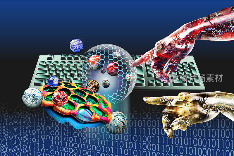 人工智能和纳米技术给药系统的探索，基因和药物载体的图像。两个机器人指着石墨烯。后面是键盘和二进制代码。