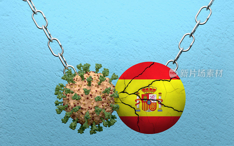 西班牙国旗被冠状病毒Covid-19破坏球摧毁