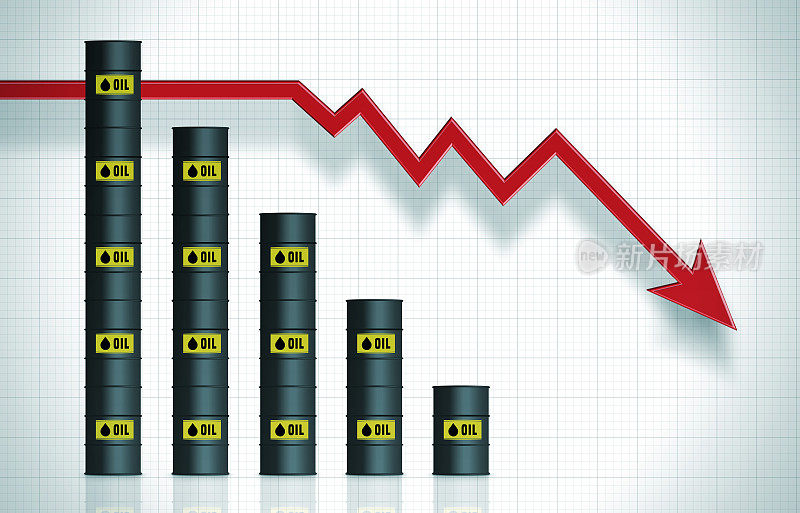 石油桶和失败箭头图。全球金融和经济概念。