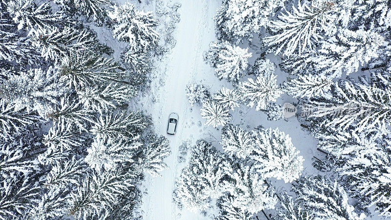 汽车行驶在冬天的乡村道路上