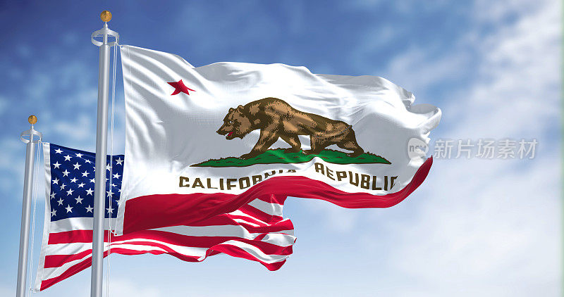 与美国国旗一起飘扬的加州州旗