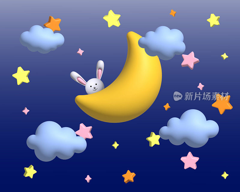 一只可爱的兔子坐在月牙上。孩子的背景是月亮、星星、云彩。三维渲染