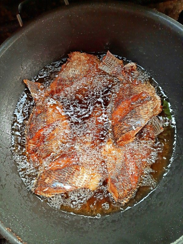 煎炸罗非鱼的烹调，锅食准备。