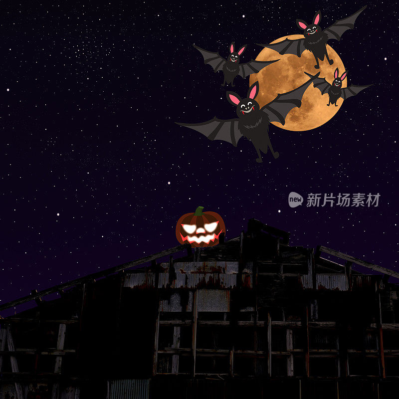 草莓超级月亮升起在一个旧仓库屋顶的万圣节南瓜上，上面有飞翔的蝙蝠