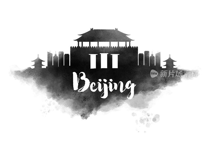 水彩画北京城市天际线