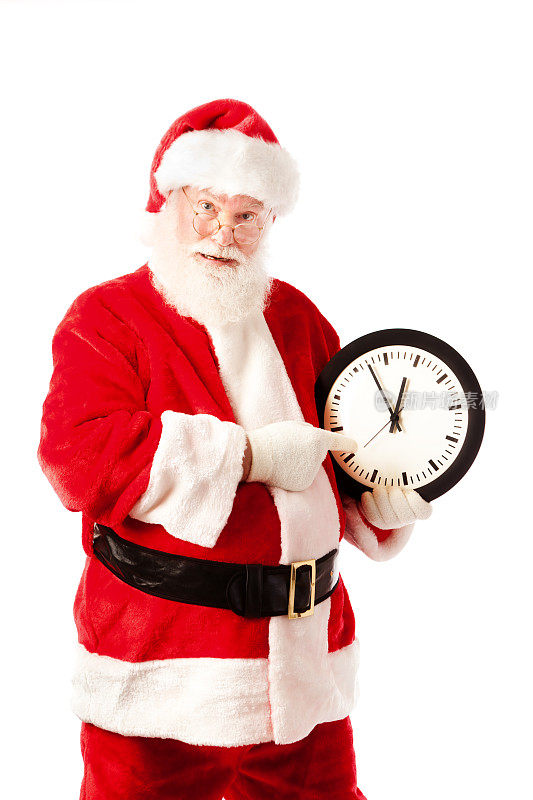 圣诞老人拿着时钟为圣诞购物的最后期限，白色背景