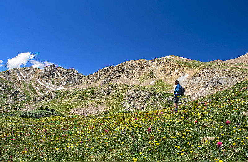 孤身一人在山间草地上徒步旅行