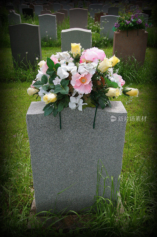 墓地里带花的墓碑