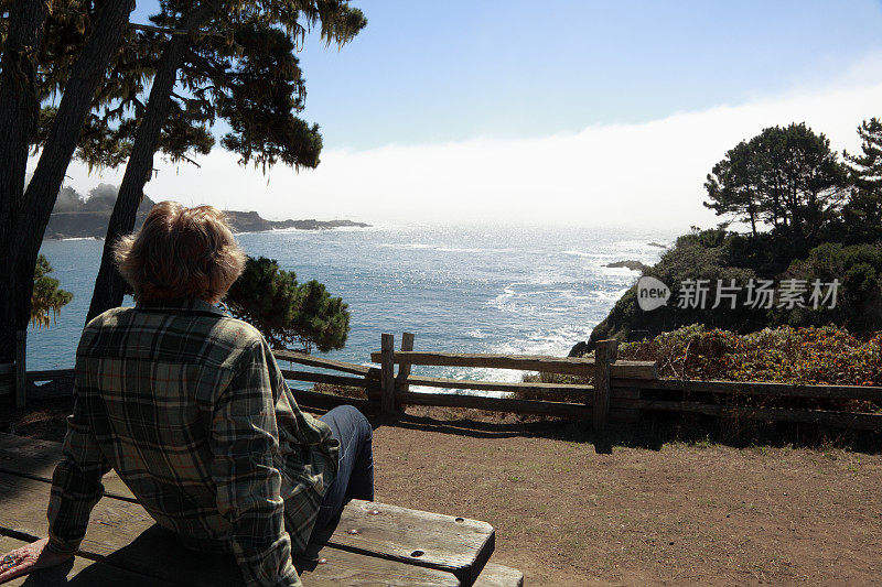 坐着享受雾气弥漫的北加利福尼亚海岸的资深妇女