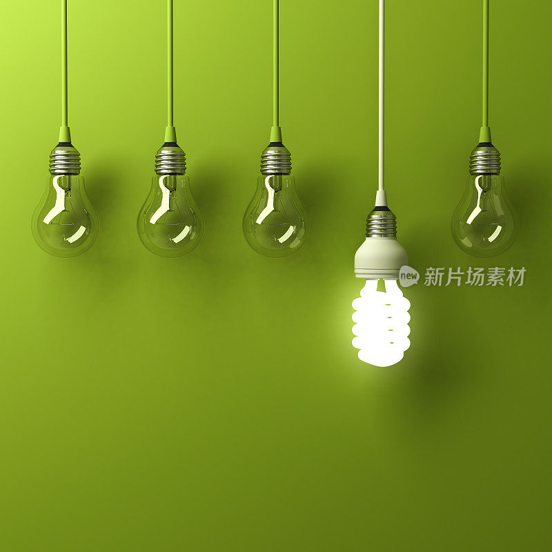 一个悬挂的节能灯泡在绿色的背景上反射不同的白炽灯泡，领导和不同的创意概念