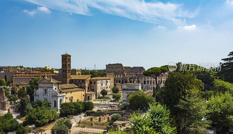 罗马斗兽场和古罗马广场全景从Palantine山，罗马，意大利