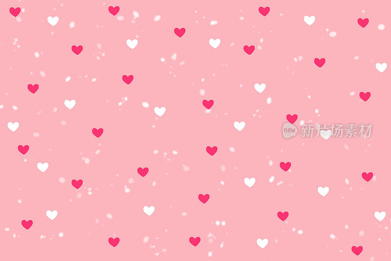 粉红色和白色的心形状与雪花背景在甜蜜的粉红色墙纸与复制空间。插图光栅图案爱情主题情人节概念可以应用于产品展示等。