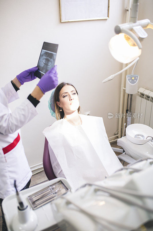 年轻女牙医在给病人看x光片。