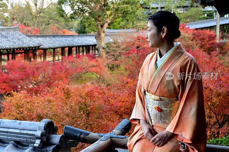 京都Tofuku-ji，穿着和服和秋叶的日本女人