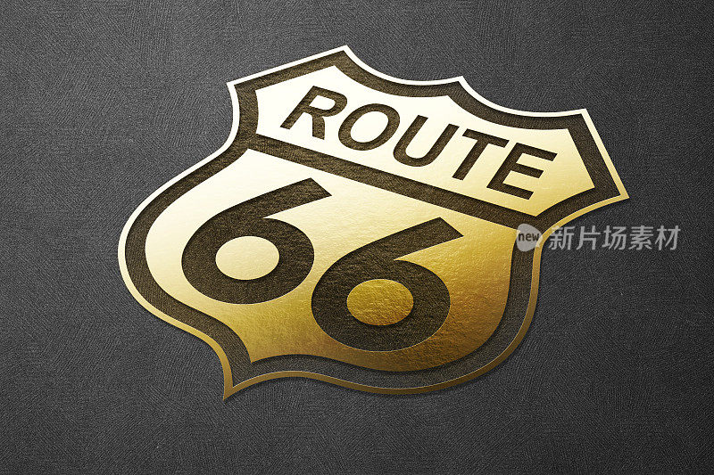 66号公路的标志用金色的金属印在黑色的纸上