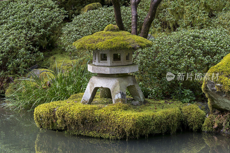 灯笼与绿色植物苔藓日本花园俄勒冈水域边缘