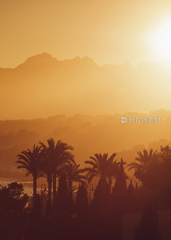 夕阳与山和棕榈树在Moraira，西班牙