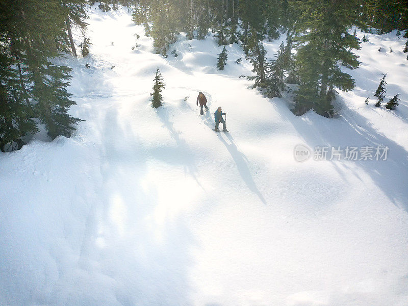 男人和女人在阿尔卑斯森林里制造新的足迹雪鞋