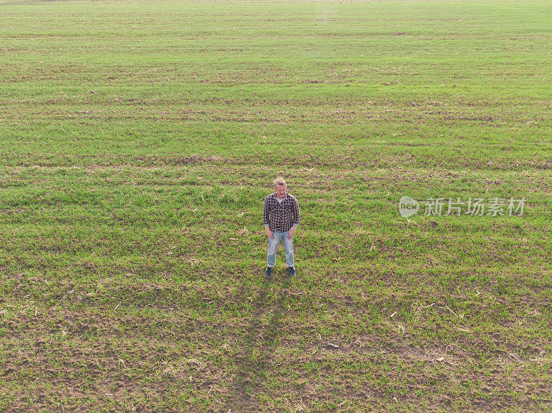 英俊的成年农民在他的小麦苗农田在早春。鸟瞰图。