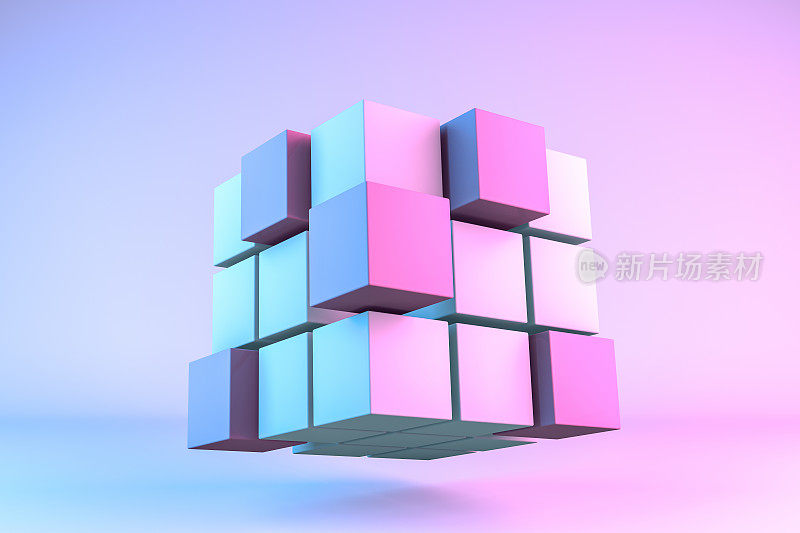 3D渲染立方体块与霓虹灯