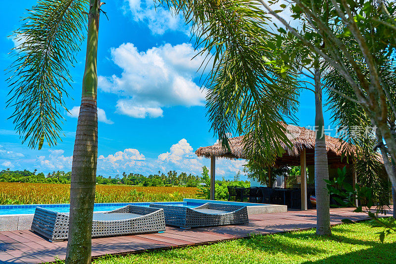 舒适的热带度假酒店，后院有游泳池。阳光明媚的晴天