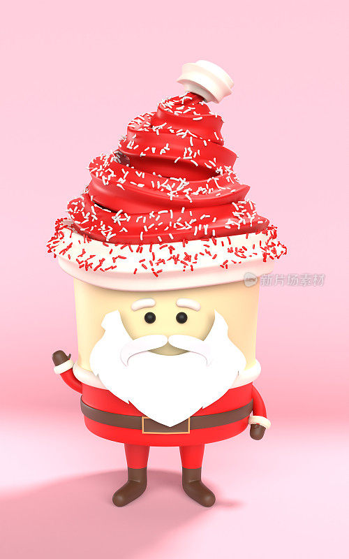 圣诞老人帽子上的糖屑做成的圣诞树的新年贺卡，作为一个冰淇淋蛋卷对抗红色