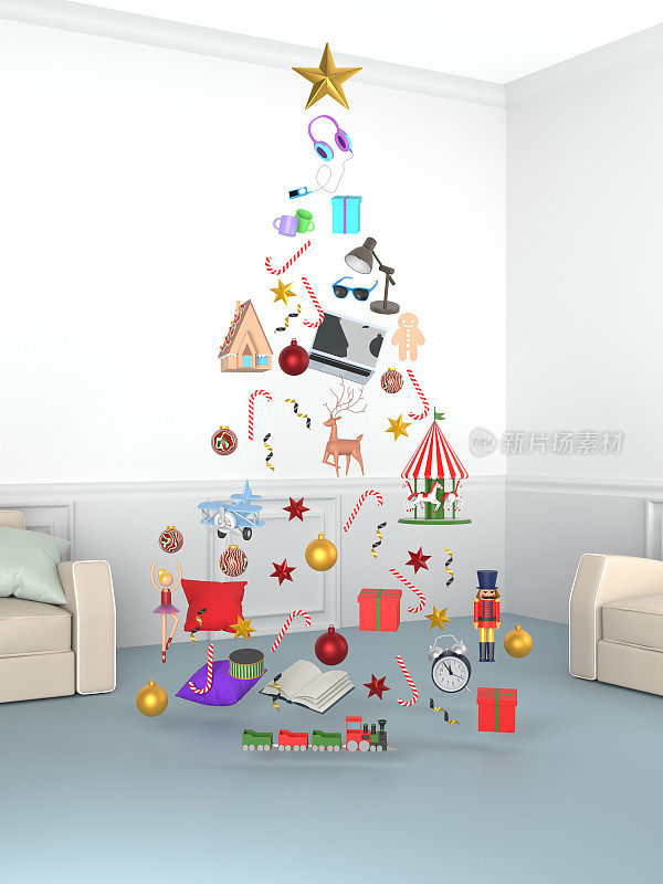 新年贺卡与圣诞树由圣诞物品，礼物盒和装饰在客厅