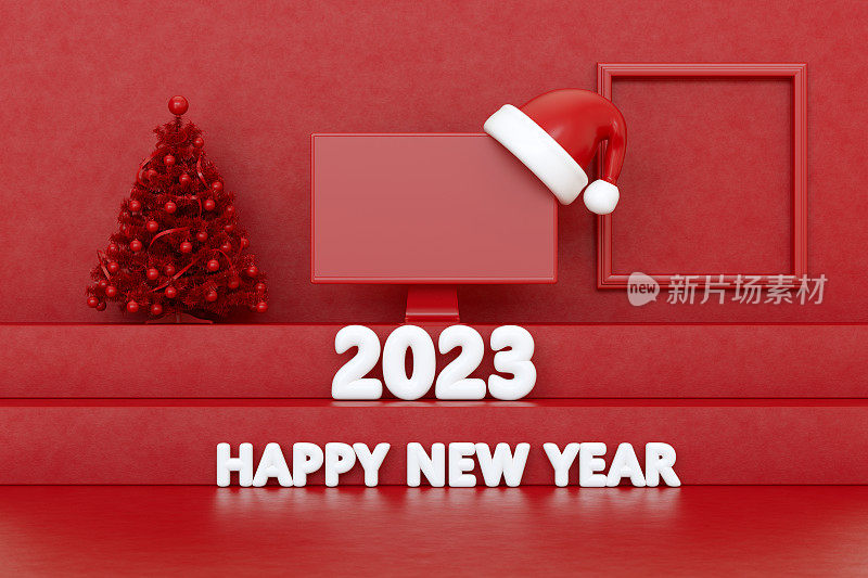 空电脑显示器屏幕上的梯子与圣诞帽红色背景2023新年圣诞概念