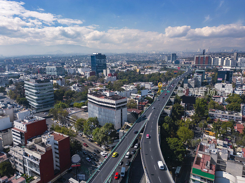 墨西哥城中部的天际线与高架道路