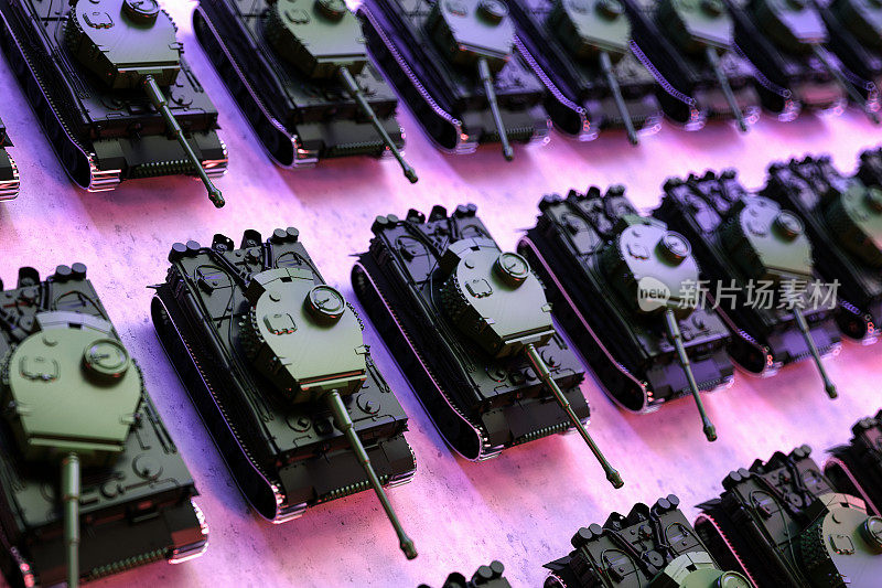 黑色战争坦克的3D渲染在一排