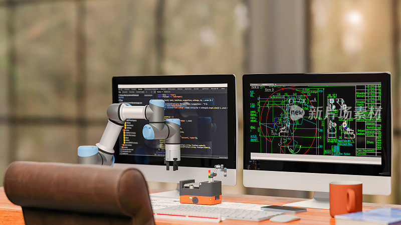 插图三维模型:工程师工作台设计机器人手臂运动方向的回路方向，并进行教学编码，以支持汽车工厂。工程师编码语言工作在现代工厂的概念。