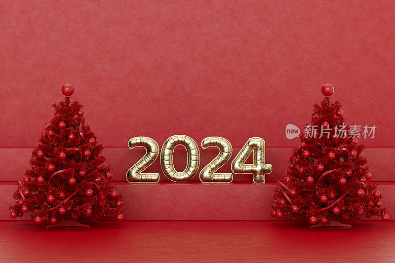 2024年新年气球在红色的讲台上，圣诞的背景。