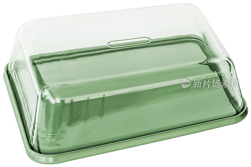 大矩形透明玻璃烤盘，其绿色塑料盖倒置设置孤立在白色背景