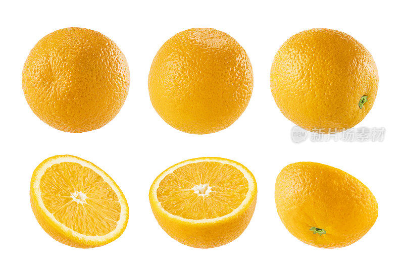 明亮的橘子。整个和半切的水果特写，不同的侧面在白色背景上隔离，工作室。夏季新鲜柑橘类水果作为广告、卡片、海报的设计元素。
