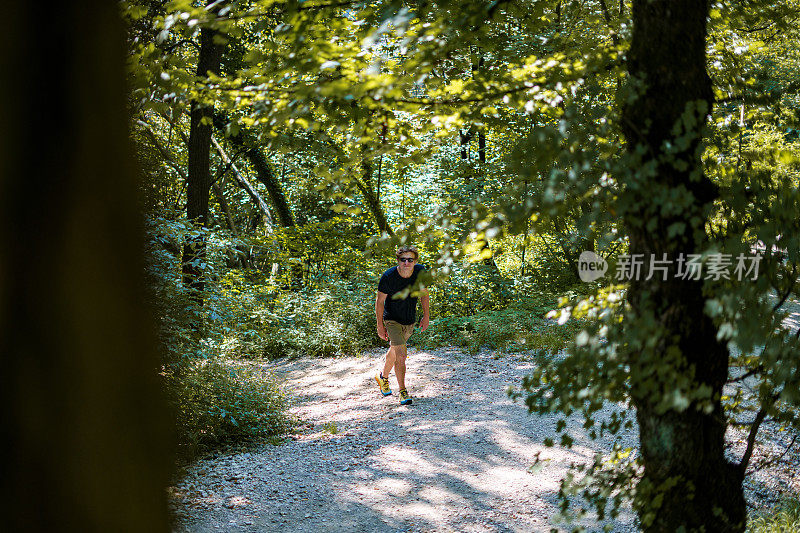 徒步穿过丛林小径。年轻人走在美丽的森林里。远足及旅游概念