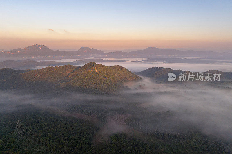 清晨的风景，金色的光线，日出，雾气笼罩着森林。