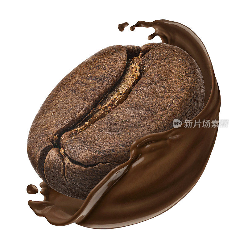 咖啡豆落入巧克力飞溅孤立在白色背景