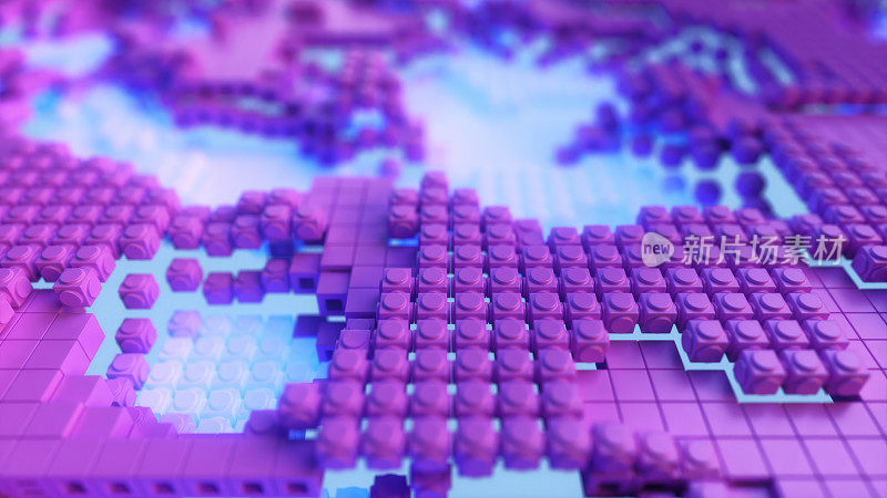 三维动画的控制论景观与流动的能量在紫色和蓝色的色调。