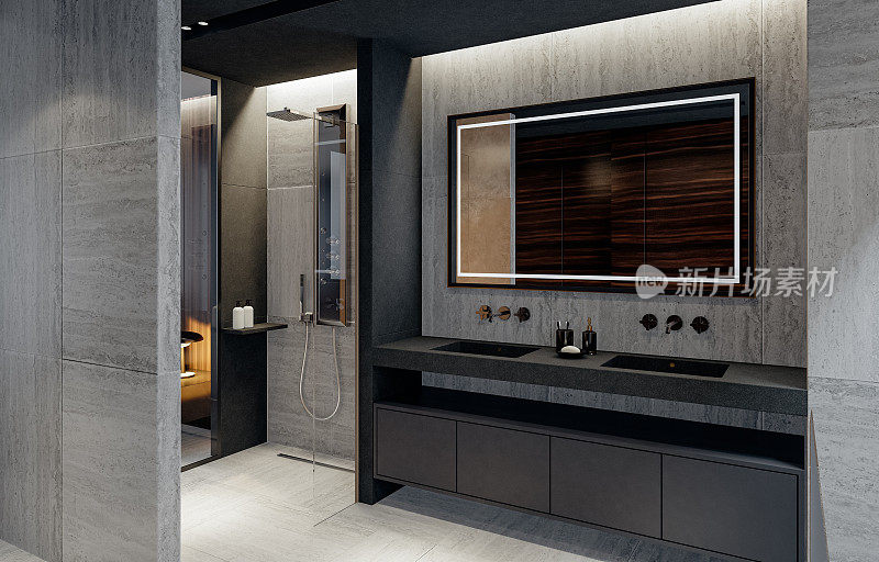 现代豪华风格的主卧室与天然石材瓷砖浴室。