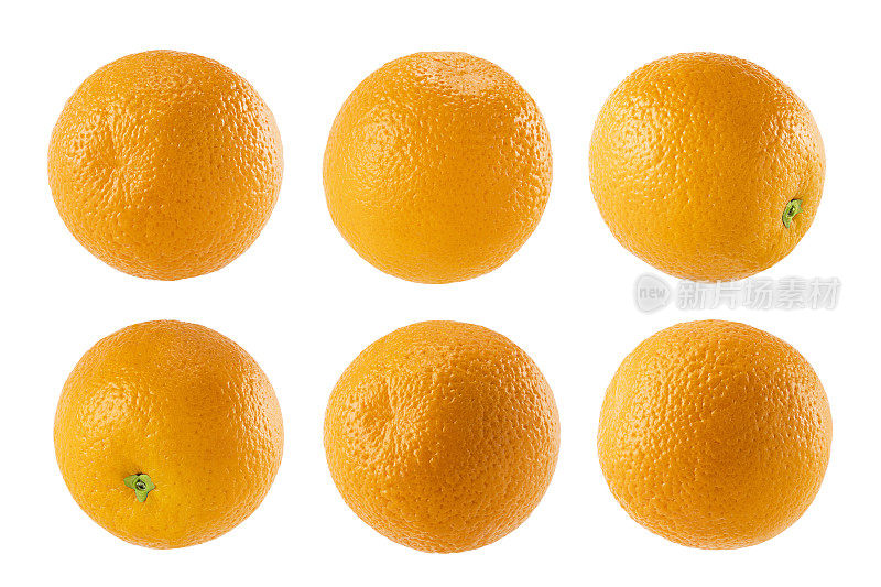新鲜的橙子凝固了。整个水果特写，不同侧面被隔离在白色背景上，工作室。夏季新鲜柑橘类水果作为广告、卡片、海报的设计元素。