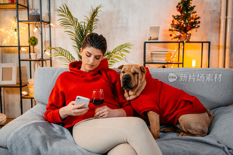 圣诞节时，年轻女子和她的狗狗坐在沙发上边发短信边喝酒