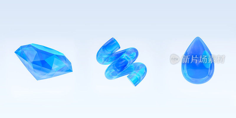 抽象玻璃几何形状3d渲染集合。色散光三维全息摘要。透明玻璃与渐变色，水晶彩虹3D插图。未来主义的布景。