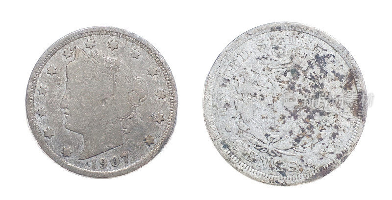 1907年美国自由女神头像V镍币5分片VG好5c美国硬币收藏品正面和背面背面隔离在白色背景