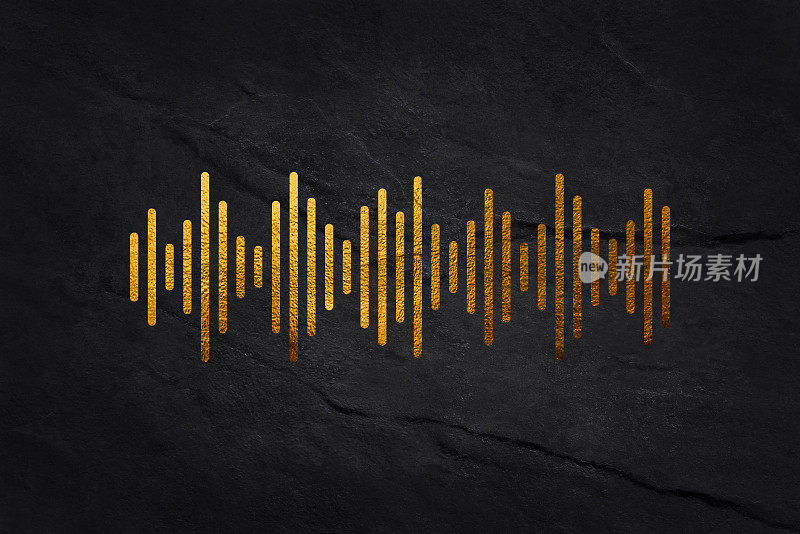 抽象声波均衡器条纹线金隔离在黑色背景。矢量插图豪华风格的概念音乐，声音，技术。
