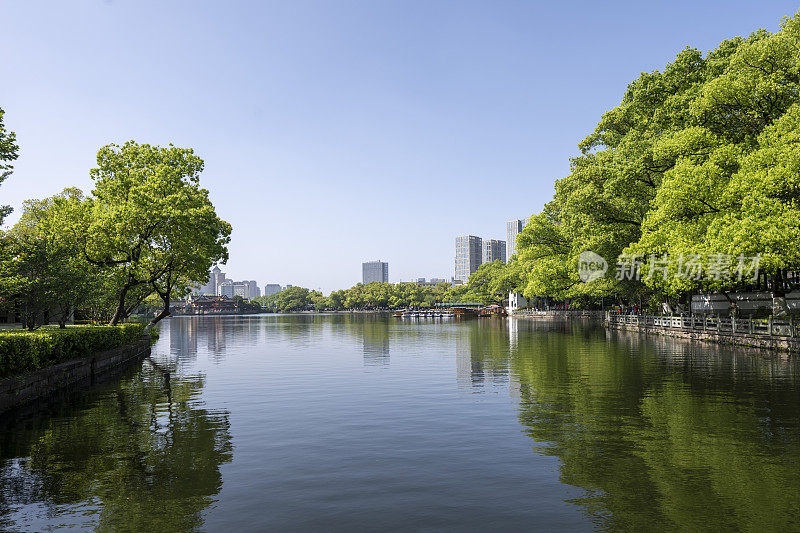 春天湖边的现代城市绿地公园