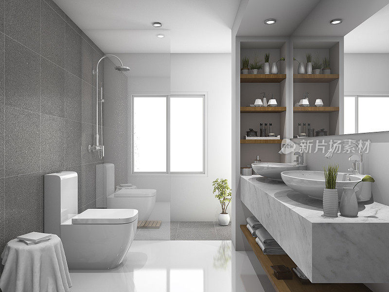 3d渲染现代设计和大理石瓷砖卫生间