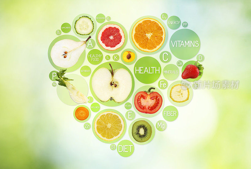 水果符号在炉形绿色背景，饮食概念